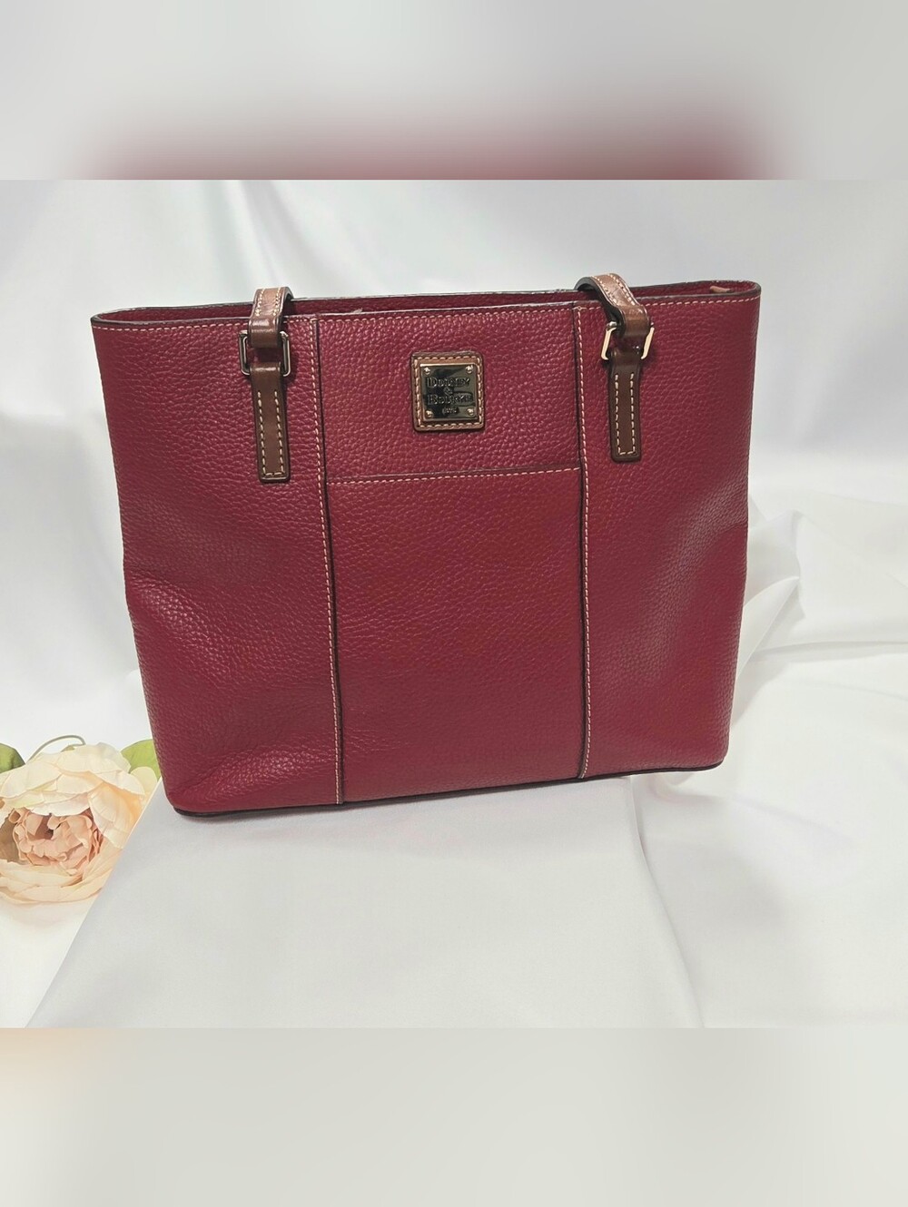 Dooney & Bourke Red Pebbled Leather Small Tote with Brown Leather Handles